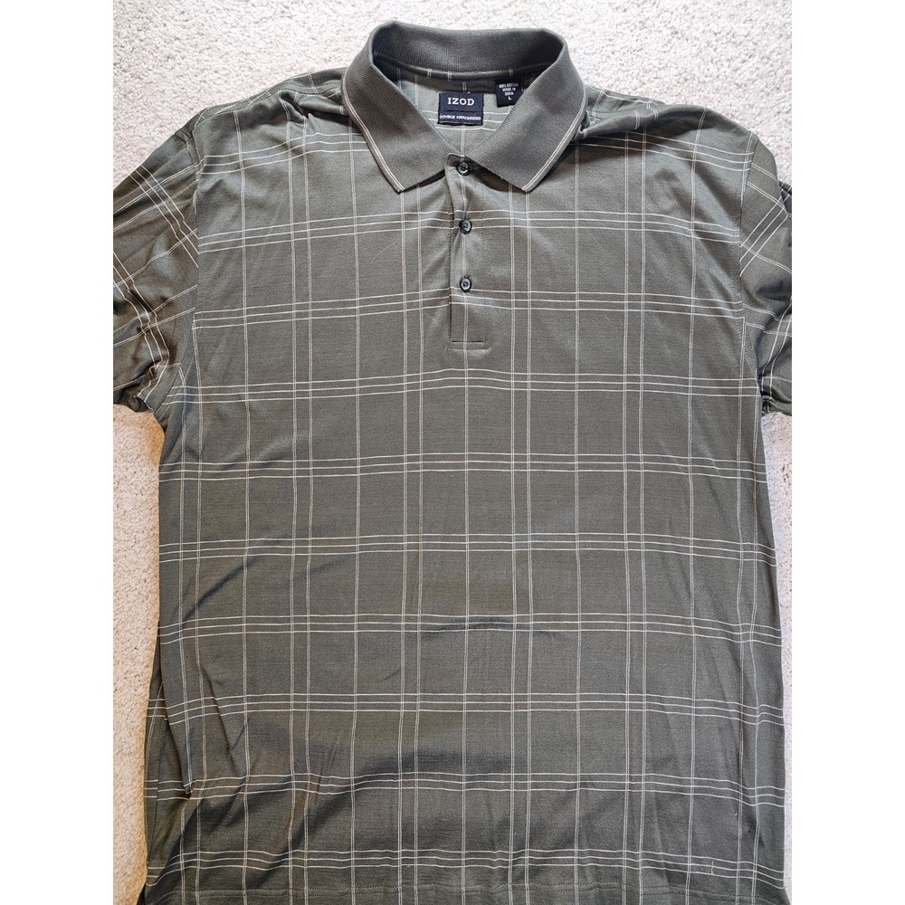 IZOD Mens Large Polo Shirt Large Green/Gray Check Double Mercerized Cotton
